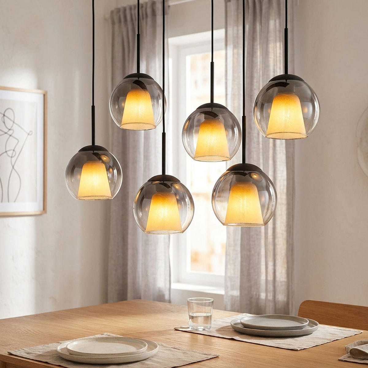 HÄNGELEUCHTE BARRY, Metall, Glas, Schwarz, 6-flammig - Schwarz, Glas (90/38/120cm) - Globo Lighting