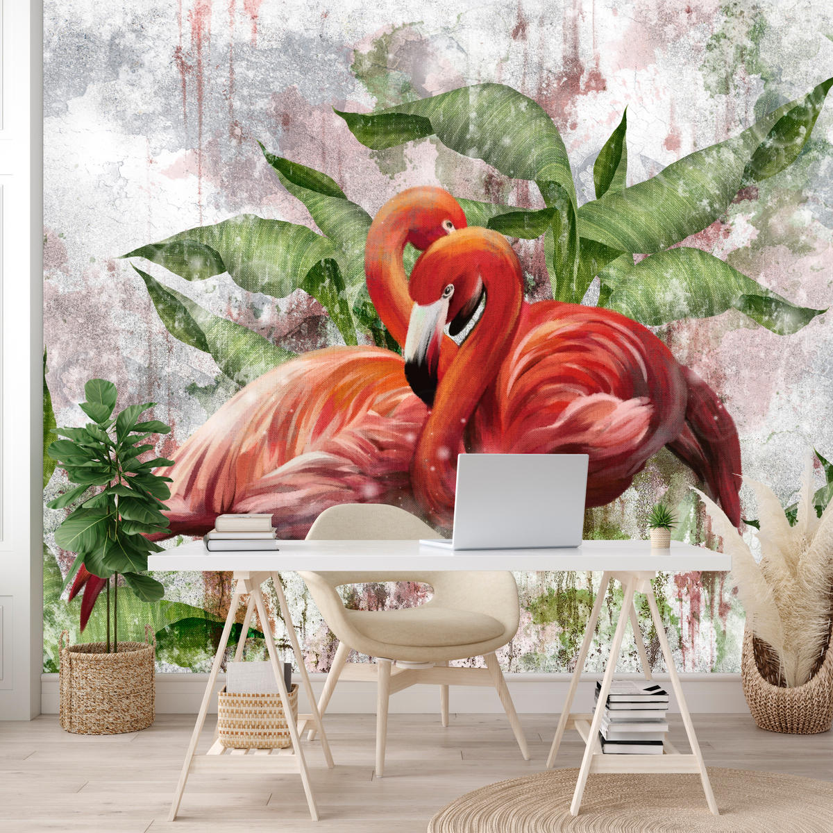 FOTOTAPETE für Schlafzimmer Abstrakte Flamingos Beton Tropische Blätter Palmen Natur 450x315 - Multicolor, Papier (450/315cm) - Muralo