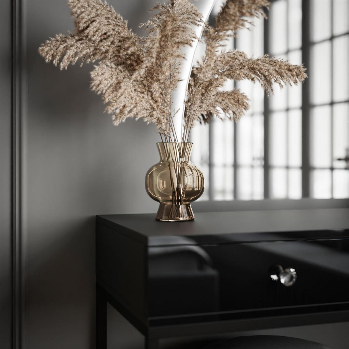 SCHMINKTISCH schwarz QUINNIE mit LED-Spiegel links Griff Kristall - Schwarz Hochglanz/Schwarz, Holzwerkstoff (100/176/42cm) - Lookway