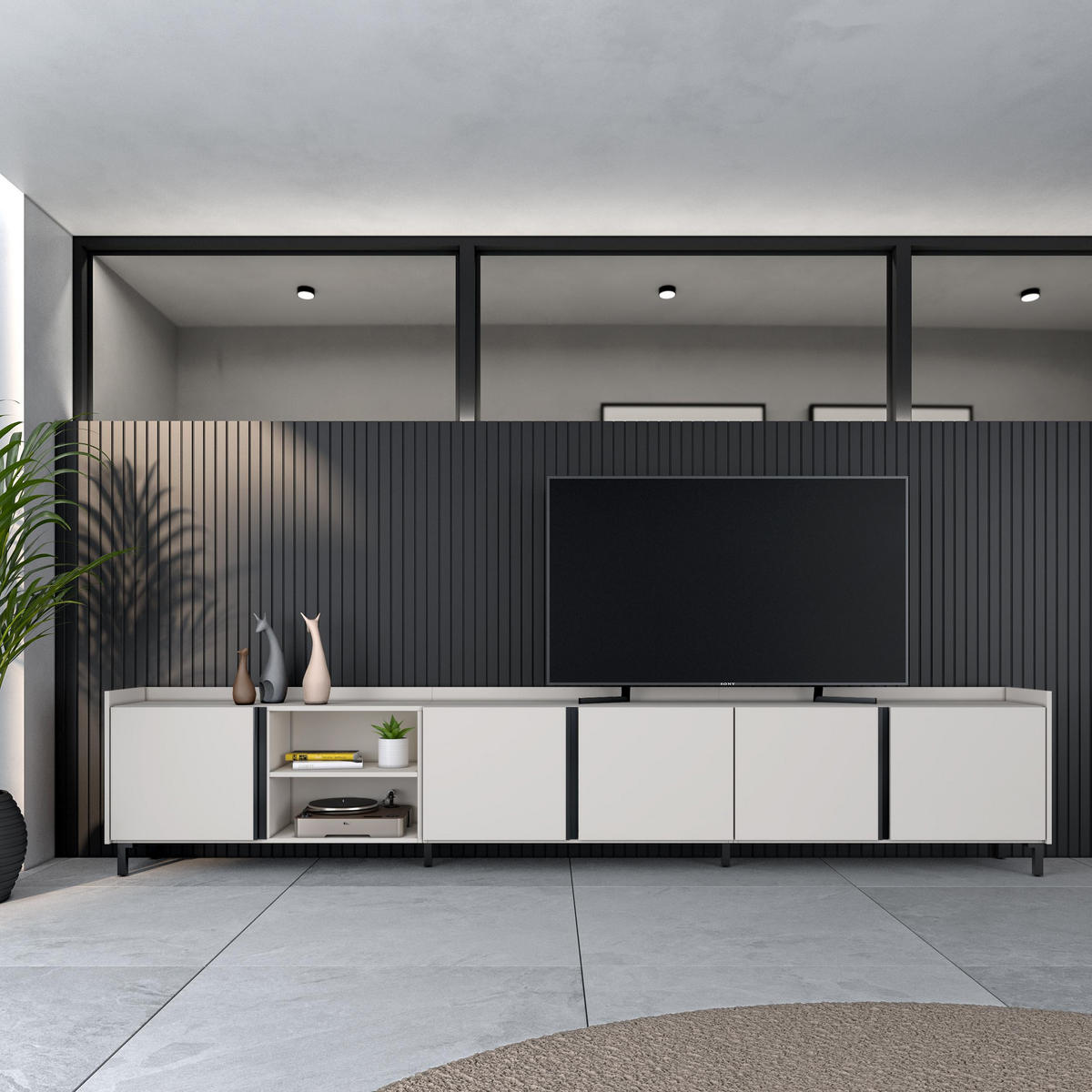 LOWBOARD, Beige, 309/35/61cm, mit Beinen - Beige, Holzwerkstoff (309/61/35cm) - Skraut Home