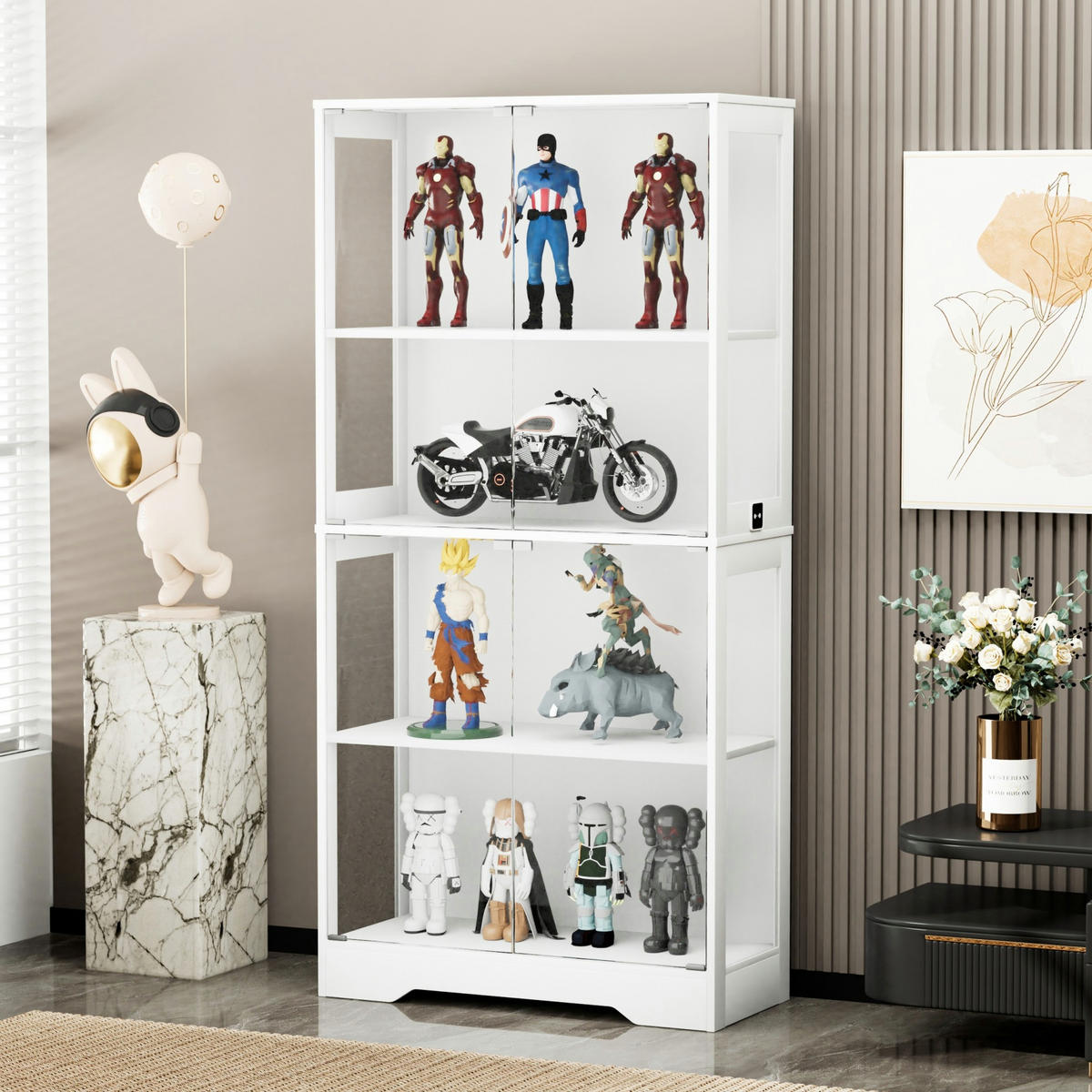VITRINE 80/35/165 cm mit LED-Beleuchtung, Bewegungssensor und Stauraum, Weiß - Weiß, Holzwerkstoff (80/165/35cm) - Redom