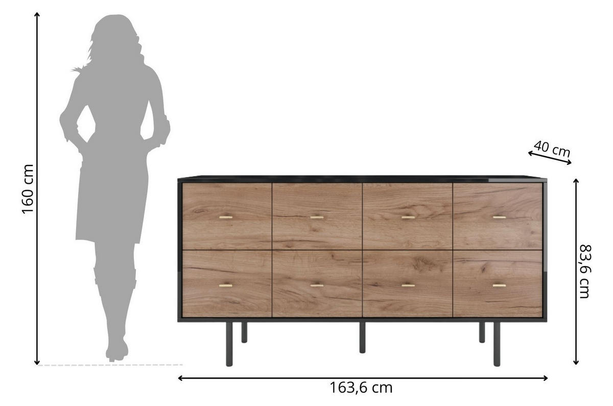 SIDEBOARD Maud, 8 Schublade, Schwarzer Hochglanz + Eiche Dekor, 163 cm - Eichefarben/Schwarz, Holzwerkstoff/Metall (163.6/83.6/40cm) - Skandica