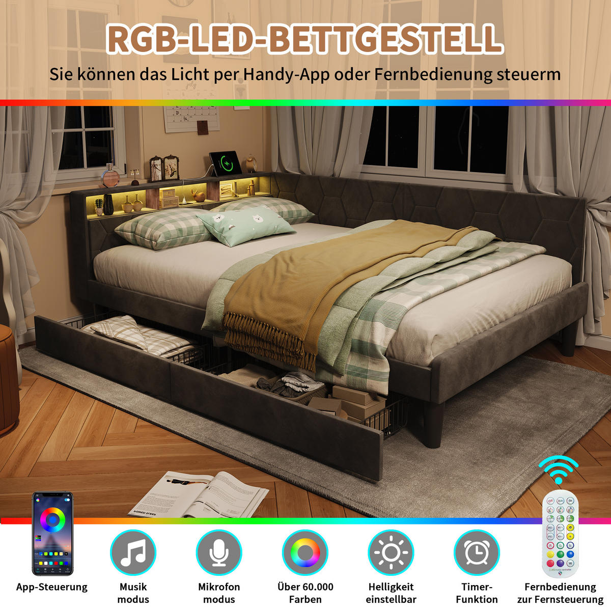 POLSTERBETT 140x200 cm, Stauraumkopf mit Ablagen, 2 Schubladen, LED und USB, Samt in Grau - Grau, Holz (140/200cm) - BRILVERDE