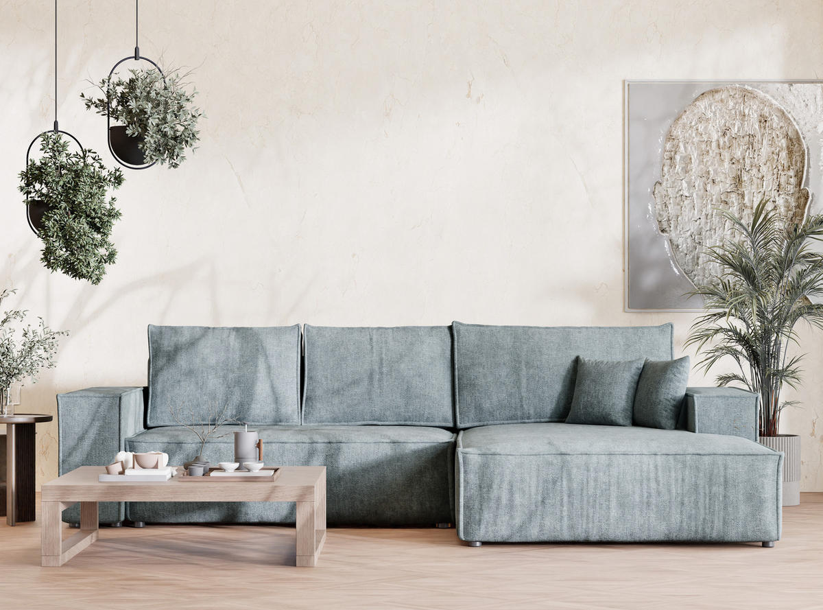 ECKSOFA Maze Hellblau Chenille-Stoff - Rechts Seite - Schwarz/Hellblau, Holz/Holzwerkstoff (294/185cm) - Maison de Reve