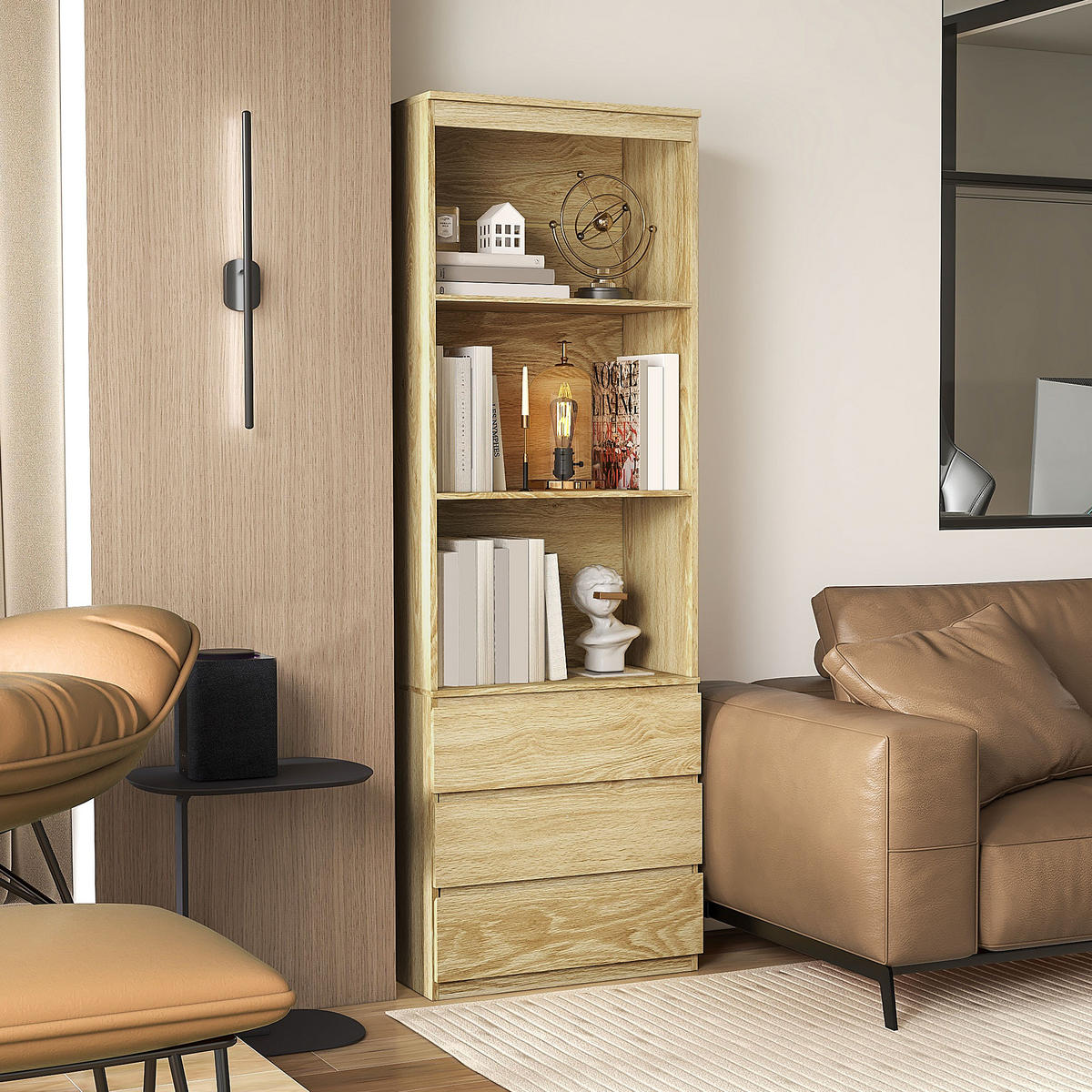 AKTENREGAL DE-14433 180 cm, 3 Böden und 3 Schubladen Holzoptik - Naturfarben, Holzwerkstoff (35/180/60cm) - ComfortXL