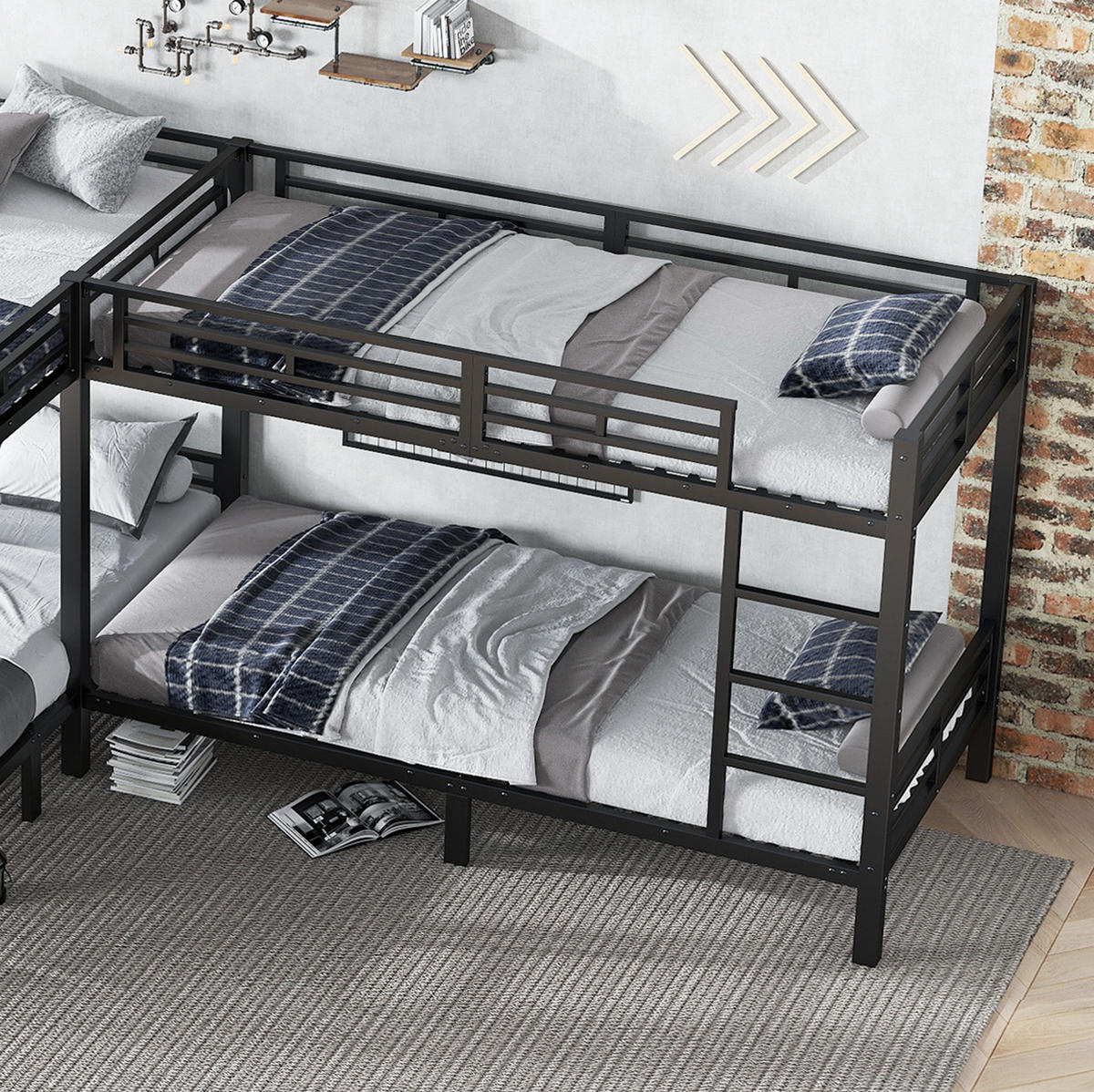 ETAGENBETT 90/200 cm & 140/200 cm aus Metall in Schwarz mit Leiter - Schwarz, Metall (90/200cm) - BEAOK