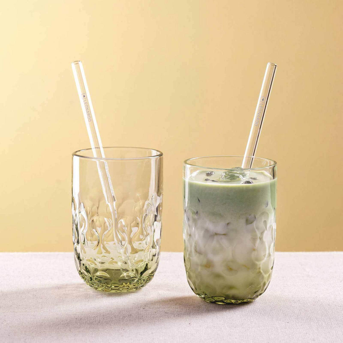 MATCHA LATTE GLÄSER MIT GLASTRINKHALM (2) Gocce grün 390 ml 2er Set - Grün, Glas (0.39L) - Leonardo Living