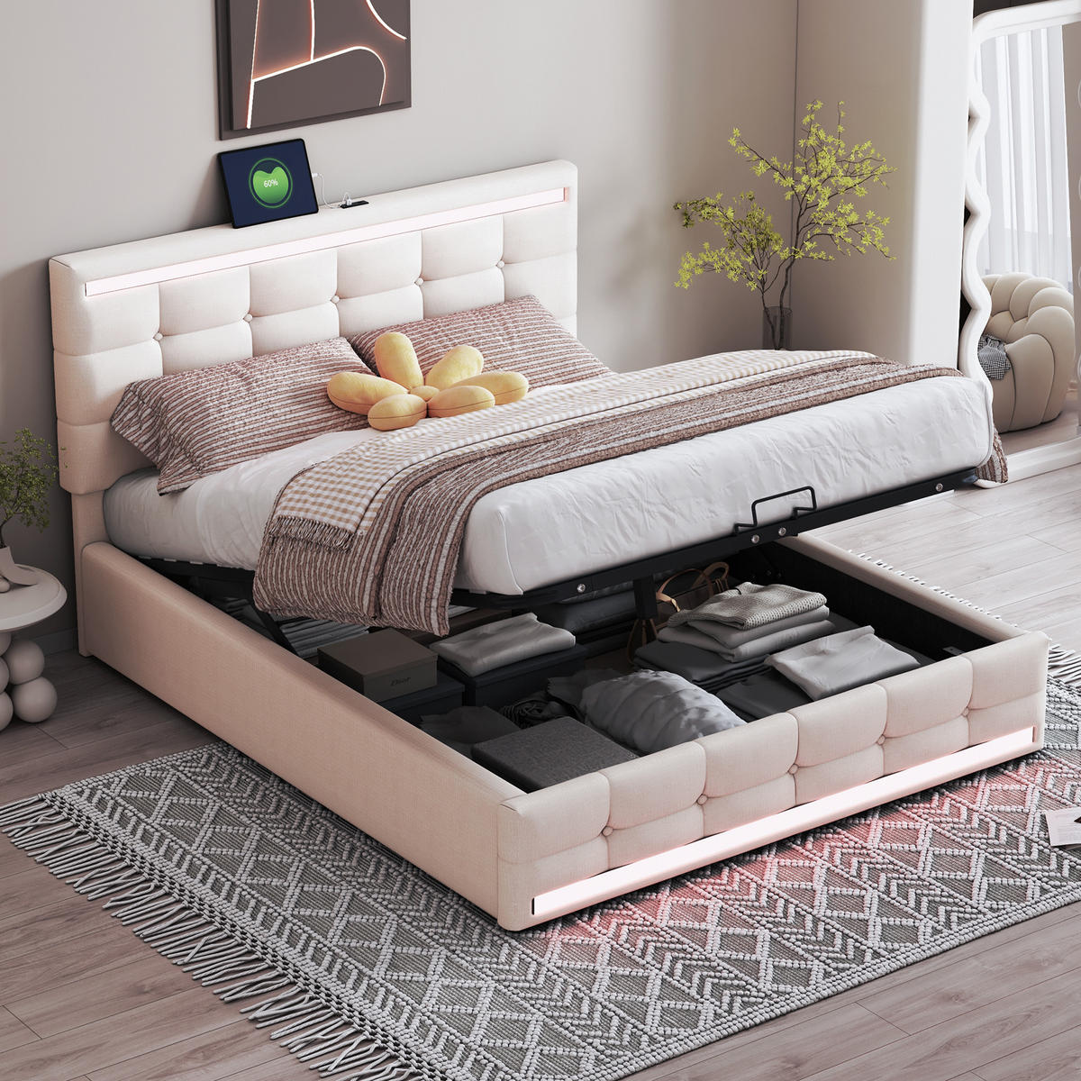 STAURAUMBETT 140/200 cm DE-01576, in Beige, mit LED-Beleuchtung, USB und hydraulischem Bettkasten - Beige, Metall (140/200cm) - ComfortXL