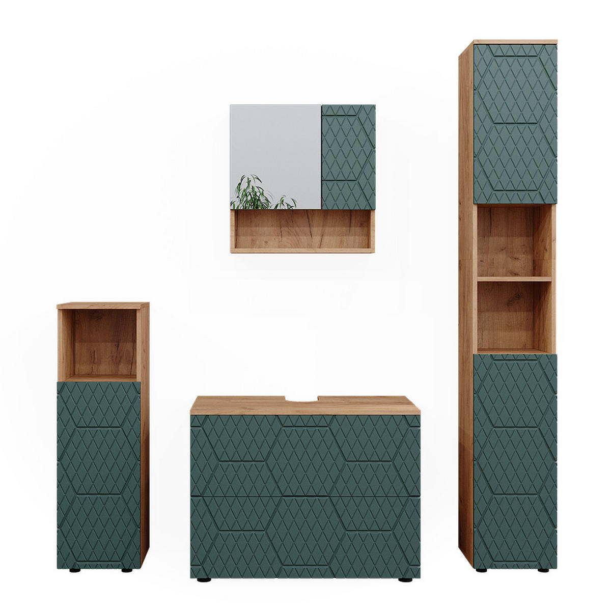 BADMÖBEL-SET Irma Grün 4 Teile, mit Schubladenschrank und Hochschrank - Honigeiche/Grün, Holzwerkstoff (80/58/41cm) - Vicco