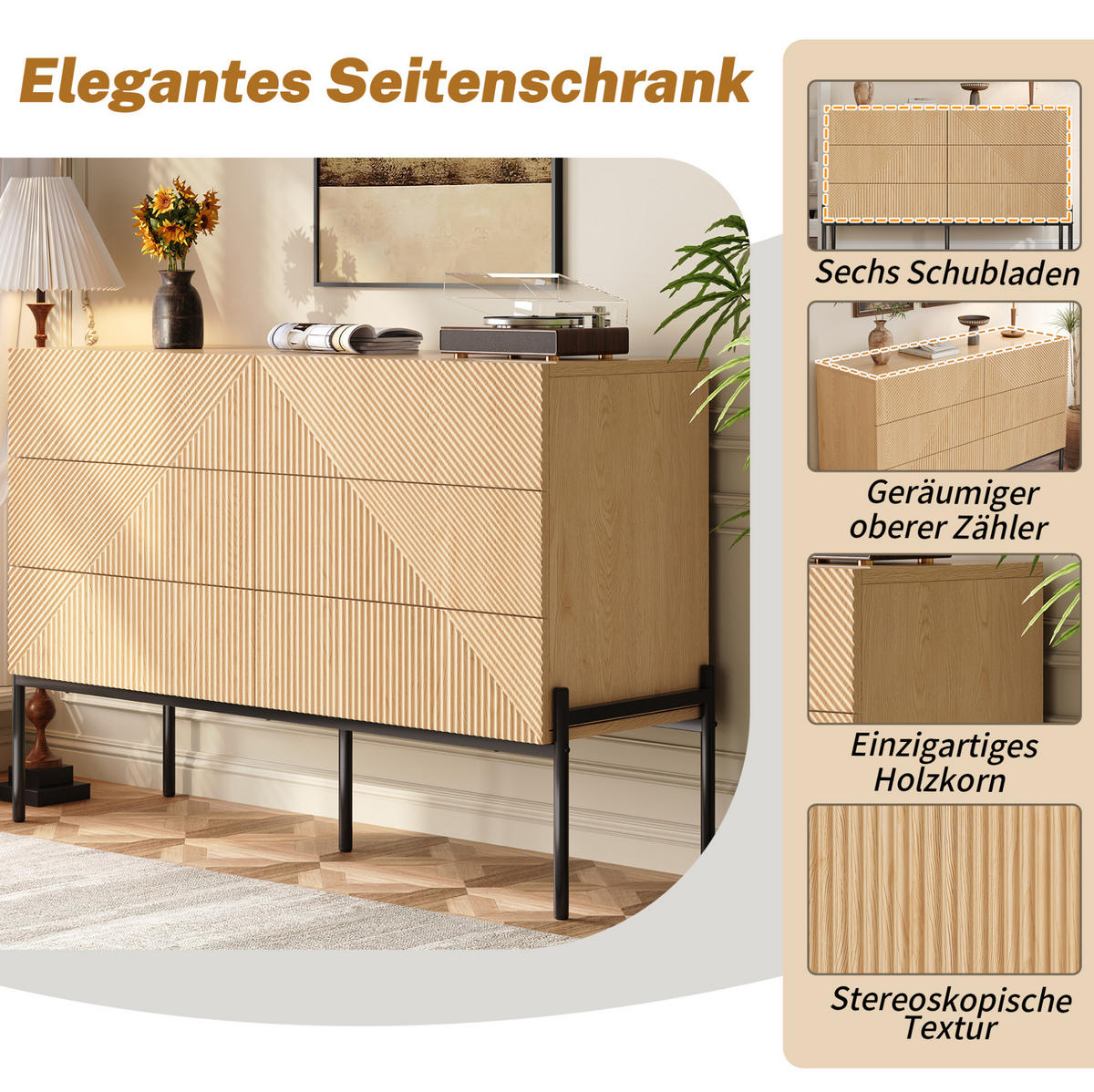 SIDEBOARD 115.5/38/75 cm Natur aus MDF mit 6 Schubladen - Naturfarben, Holzwerkstoff (38/75/115.5cm) - OKMYHOME