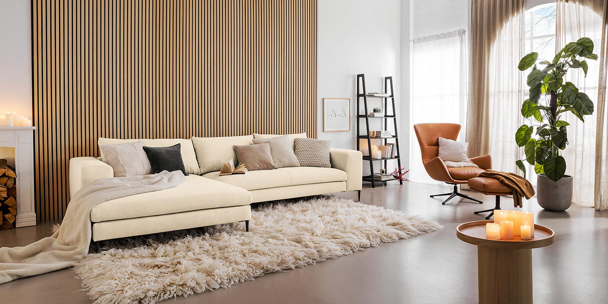 ECKSOFA mit Longchair - Beige/Schwarz, Textil/Metall (321/170cm) - home24