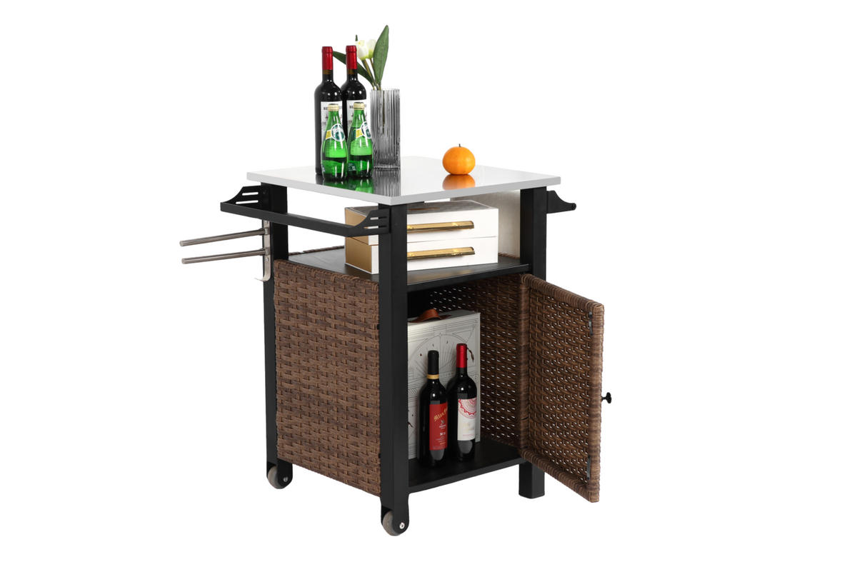 KÜCHENINSEL Barwagen 76x57x85cm braun Korbgeflecht/Edelstahl mit ausklappbarer Platte & Stauraum - Braun, Metall (57/85/76cm) - Modfu