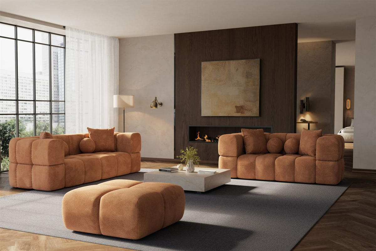 SOFASET Vega 3-2 Inkl. Hocker - Rotbraun, Holzwerkstoff/Textil (250/77/103cm) - Fun Möbel