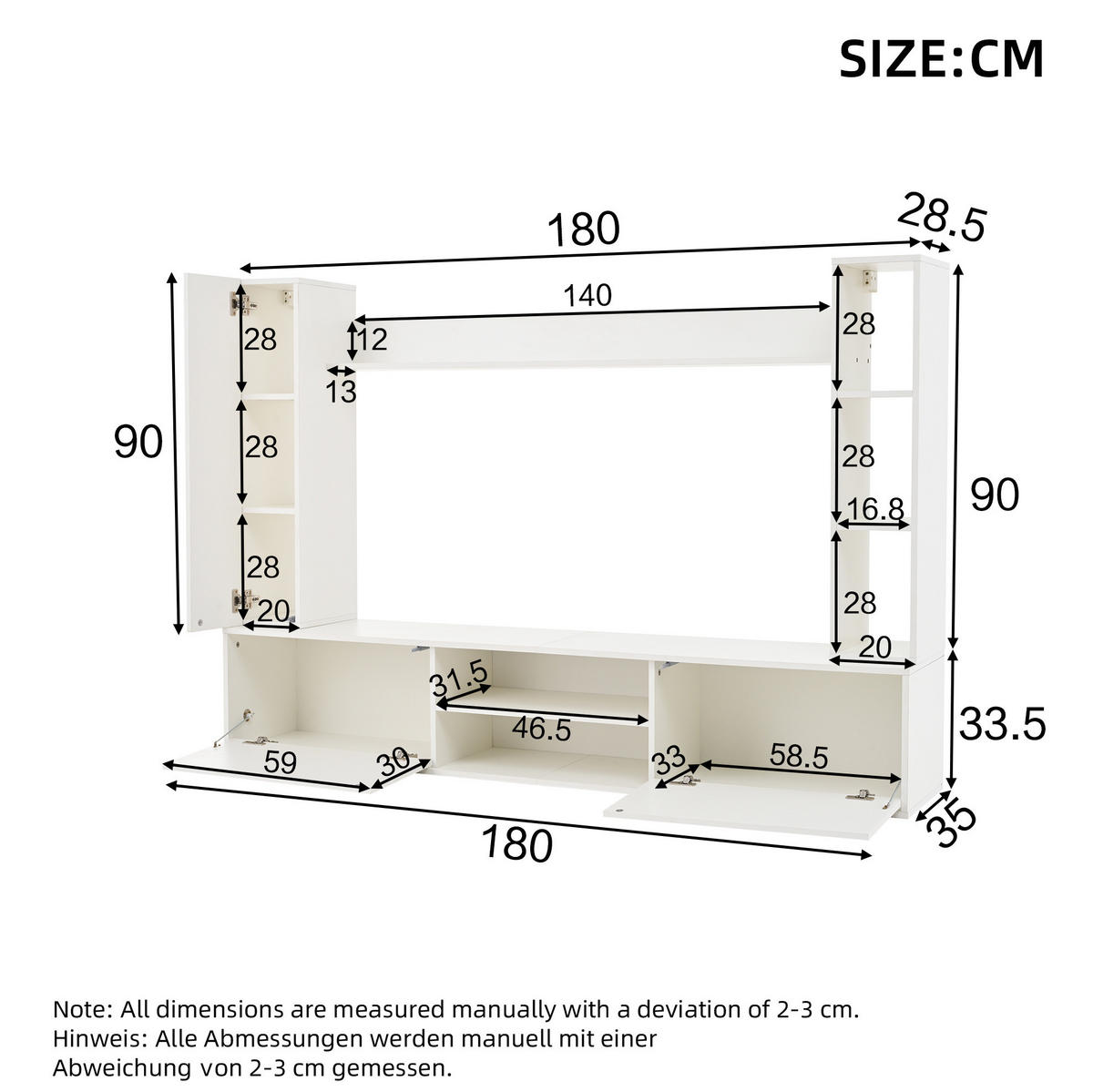 TV-WOHNWAND aus Spanplatte 180x35x33,5 cm Weiß mit Stauraum, flexibler Montage und 4-teiligem Set - Weiß, Holzwerkstoff (180/33.5/35cm) - Modfu