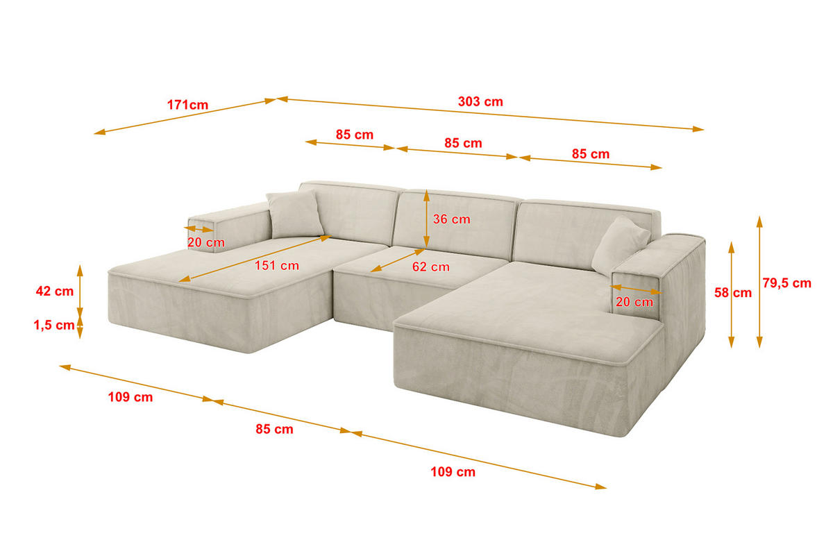 WOHNLANDSCHAFT IREA-U1-v4 - 303x171x79 cm Dunkelgrau - Ecru, Holzwerkstoff/Textil (303/79/171cm) - ALTDECOR