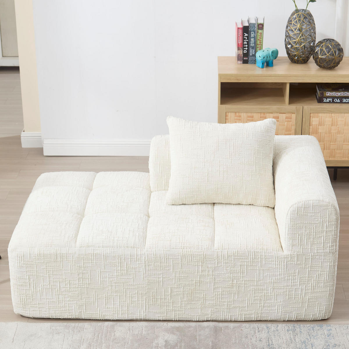 SOFA Chaiselongue 158 x 90 cm Chenille Beige mit Kissen - Beige, Kunststoff (90/60/158cm) - Meubliv