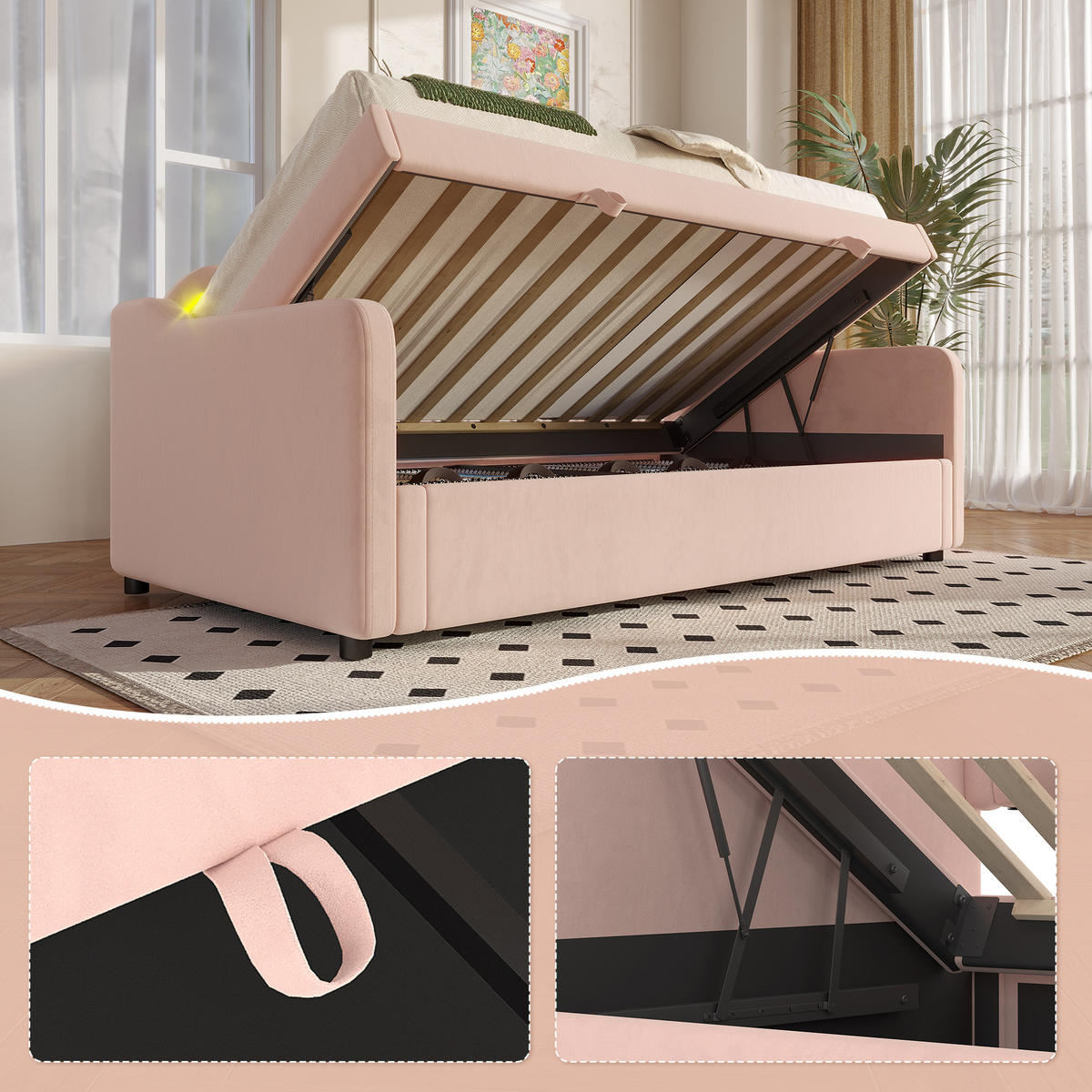 TAGEBETT 90x200cm Rosa Samt Hydraulik Stauraum LED-Streifen - Pink, Holz (90/200cm) - FLIEKS