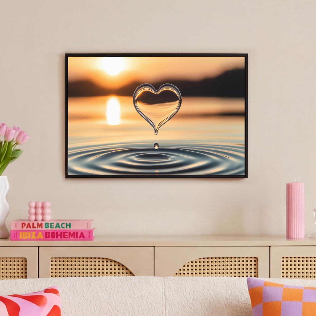 LEINWAND Bilder mit Rahmen - Herz - Wasser - Sonnenuntergang - Natur - Zen - 60x40 - Bernsteinfarben, Textil (60/40cm) - MuchoWow