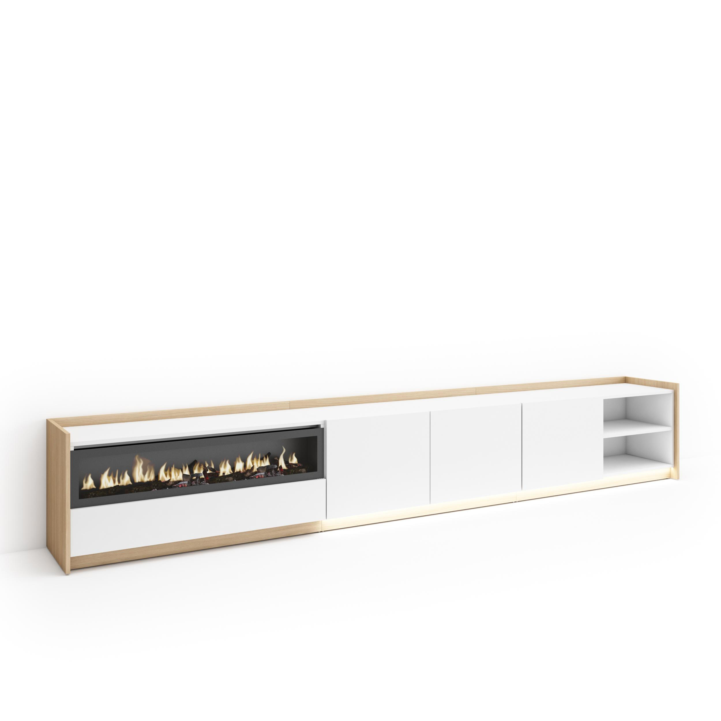 LOWBOARD, Weiß und Eiche, 310/37/50cm, Kamin mit Feuereffekt - Weiß, Holzwerkstoff (310/50/37cm) - Skraut Home