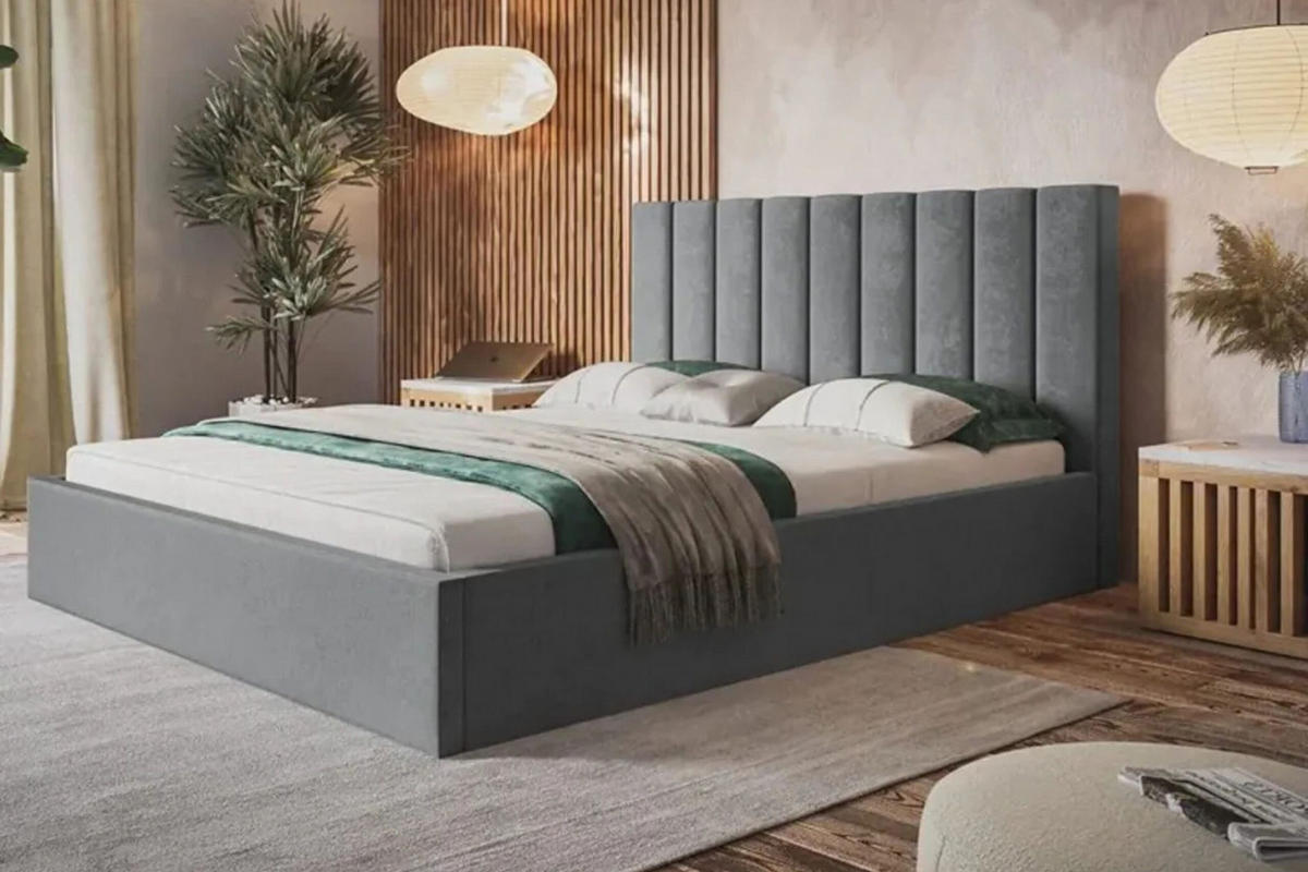 POLSTERBETT SIM 9 mit Kopfteil, 180 x 200 cm mit Bettkasten und Lattenrost aus Holz, Velourstoff, Farbe: Grau - Grau, Holz/Kunststoff (180/200cm) - Sepro Meble