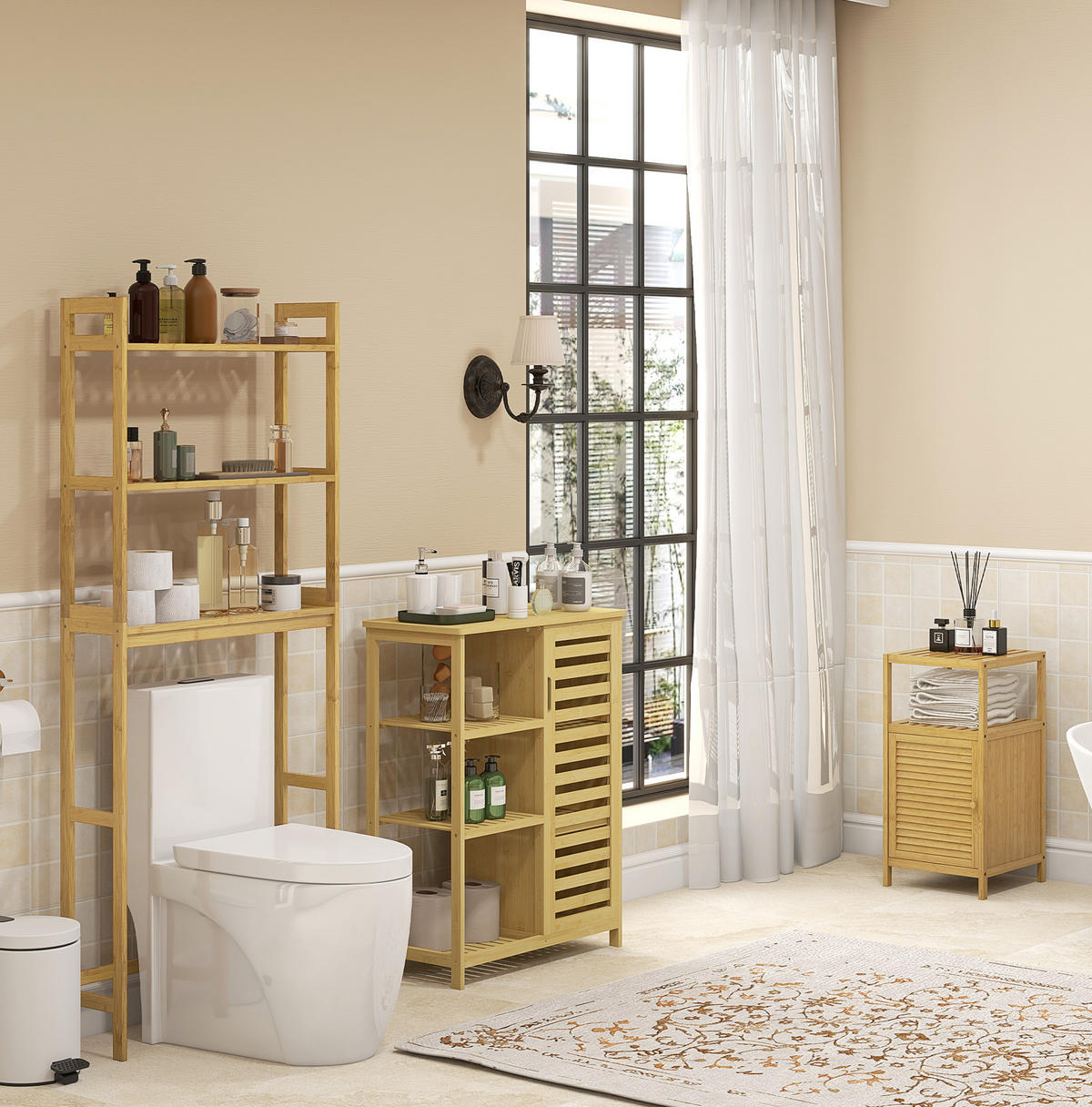 BADEZIMMERREGAL 68x20x165 cm Natur aus Bambus mit 3 Fächern & Kippschutz - Naturfarben, Naturmaterialien (68/165/20cm) - Modfu