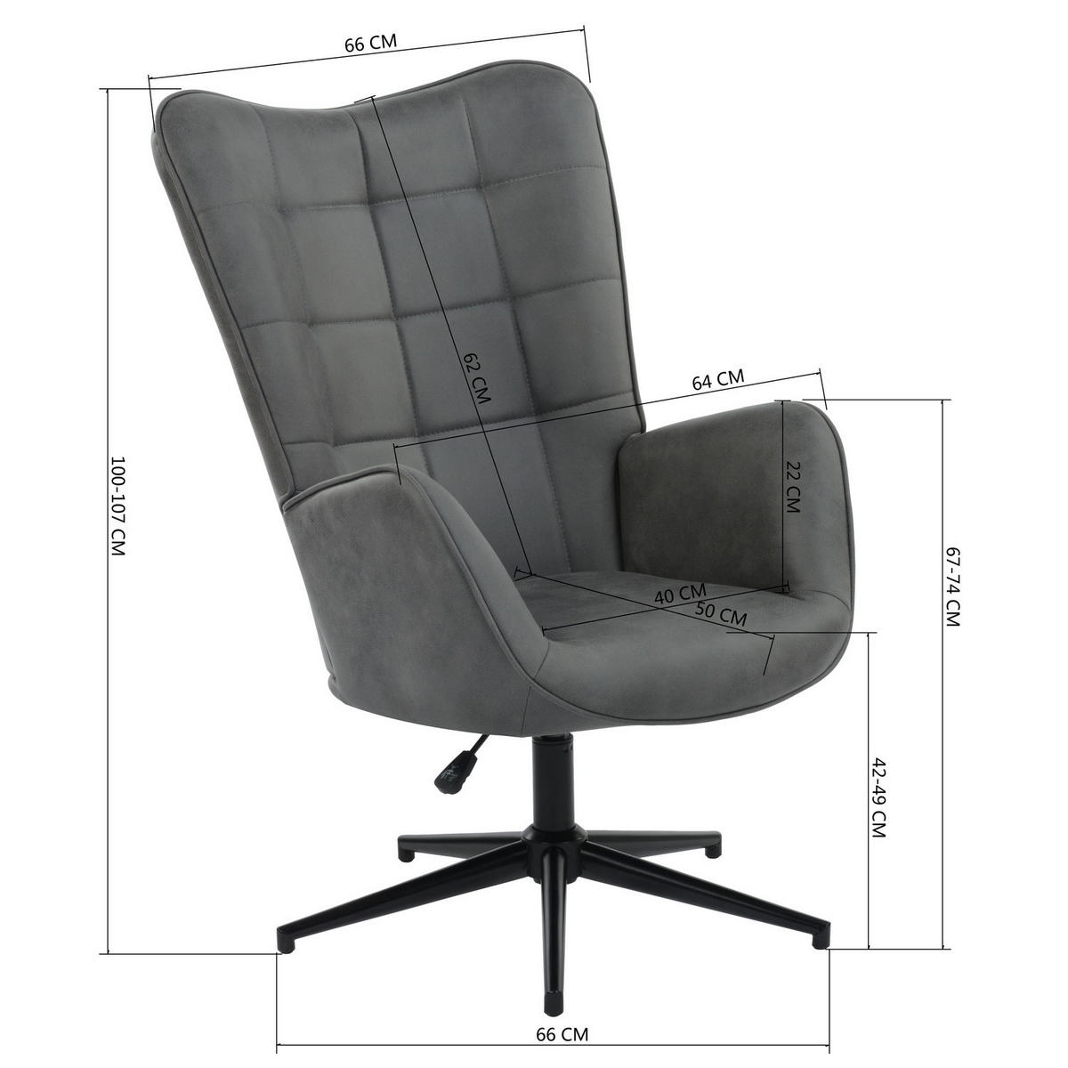 SESSEL, 360° drehbar, höhenverstellbar, grauer Samt - Dunkelgrau/Schwarz, Holz/Metall (70/100/80cm) - Urban Meuble