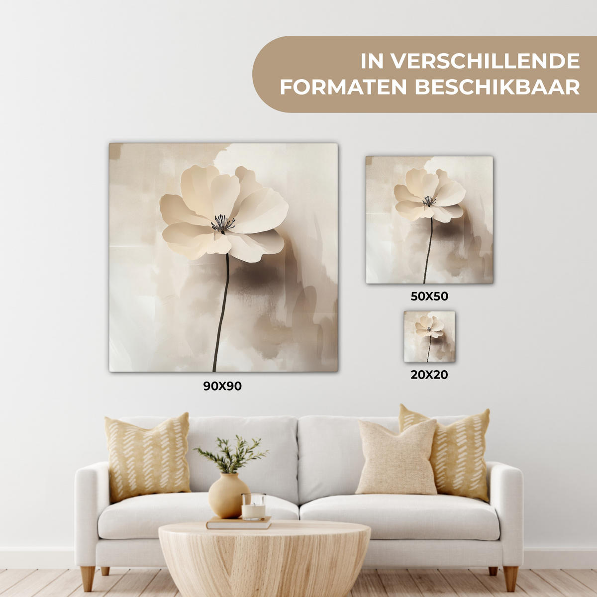 LEINWANDBILD Blume - Beige - Farbe - Schatten Deko Groß 90x90 cm - Creme, Textil (90/90cm) - MuchoWow