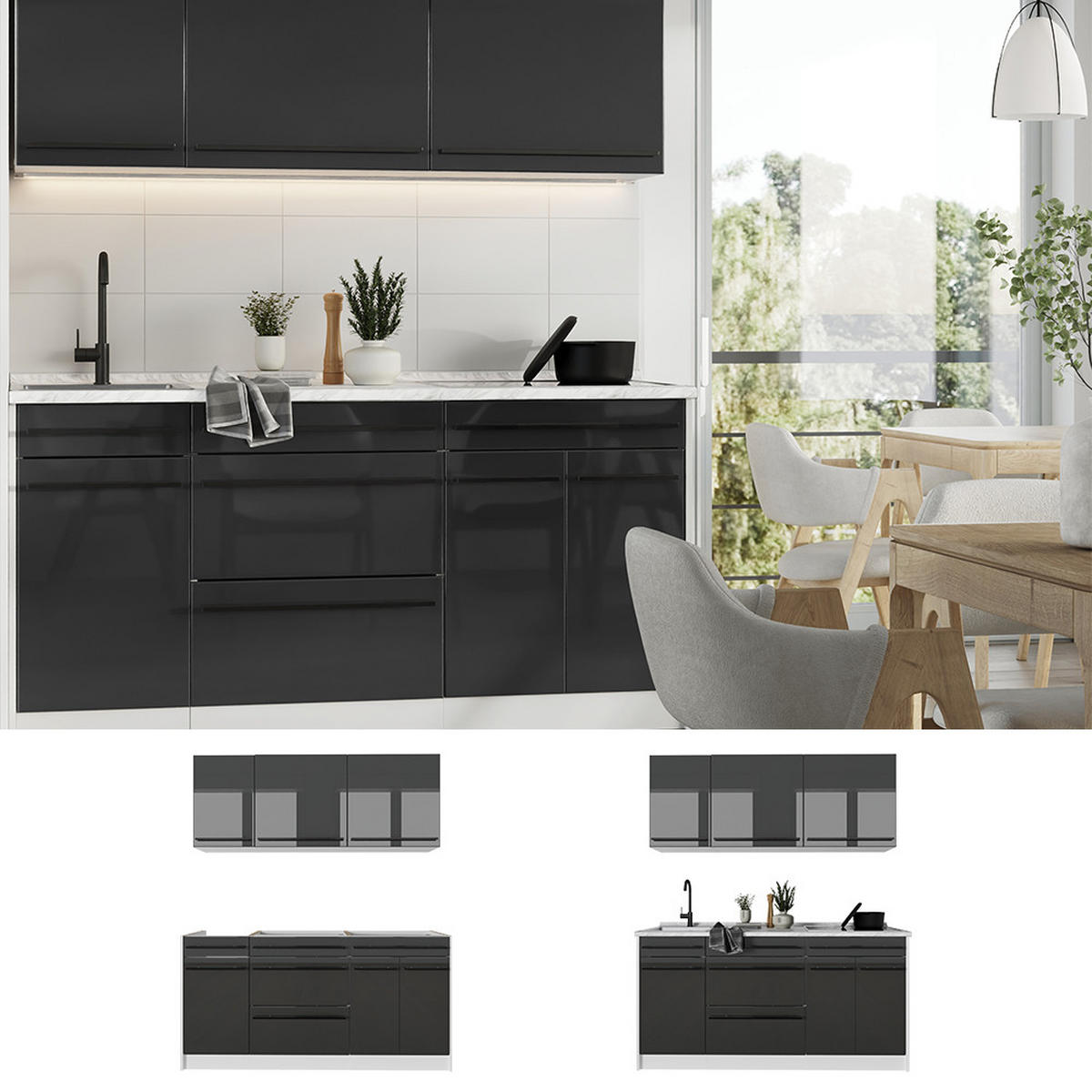 SINGLEKÜCHE R-Line, Anthrazit Hochglanz/Weiß, 160 cm Arbeitsplatte Anthrazit - Schwarz Hochglanz/Weiß, Holzwerkstoff (160/81.6/60cm) - Vicco