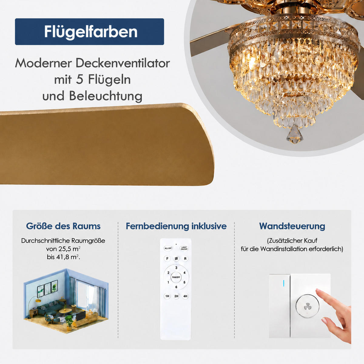 DECKENVENTILATOR Goldfarben 157,5 cm mit Kristallleuchte und Fernbedienung - Goldfarben, Metall (157.5/157.5/62.5cm) - Surtime