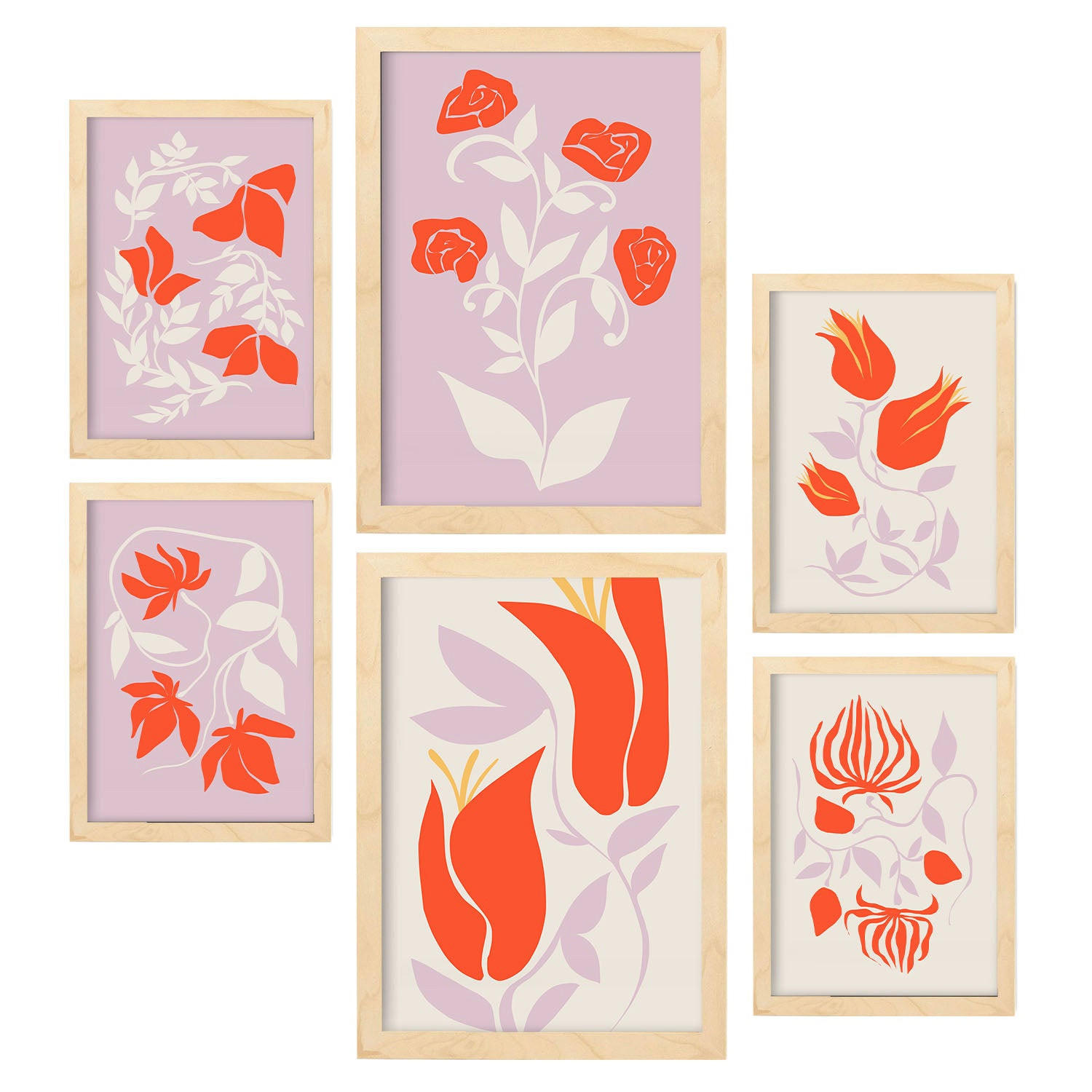 POSTER Set Mit 6 Großartige Blom In Blume Zusammenfassung Ästhetische Dekorative Gemälde Für Ihr Wohnzimmer Zuhause A3 & A4 Rahmen Aus Hellem Holz - Beige, Papier (29/3cm) - Nacnic
