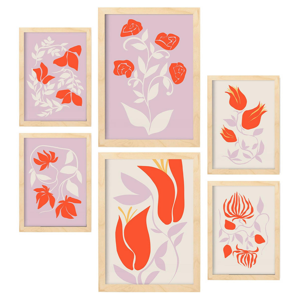 POSTER Set Mit 6 Großartige Blom In Blume Zusammenfassung Ästhetische Dekorative Gemälde Für Ihr Wohnzimmer Zuhause A3 & A4 Rahmen Aus Hellem Holz - Beige, Papier (29/3cm) - Nacnic