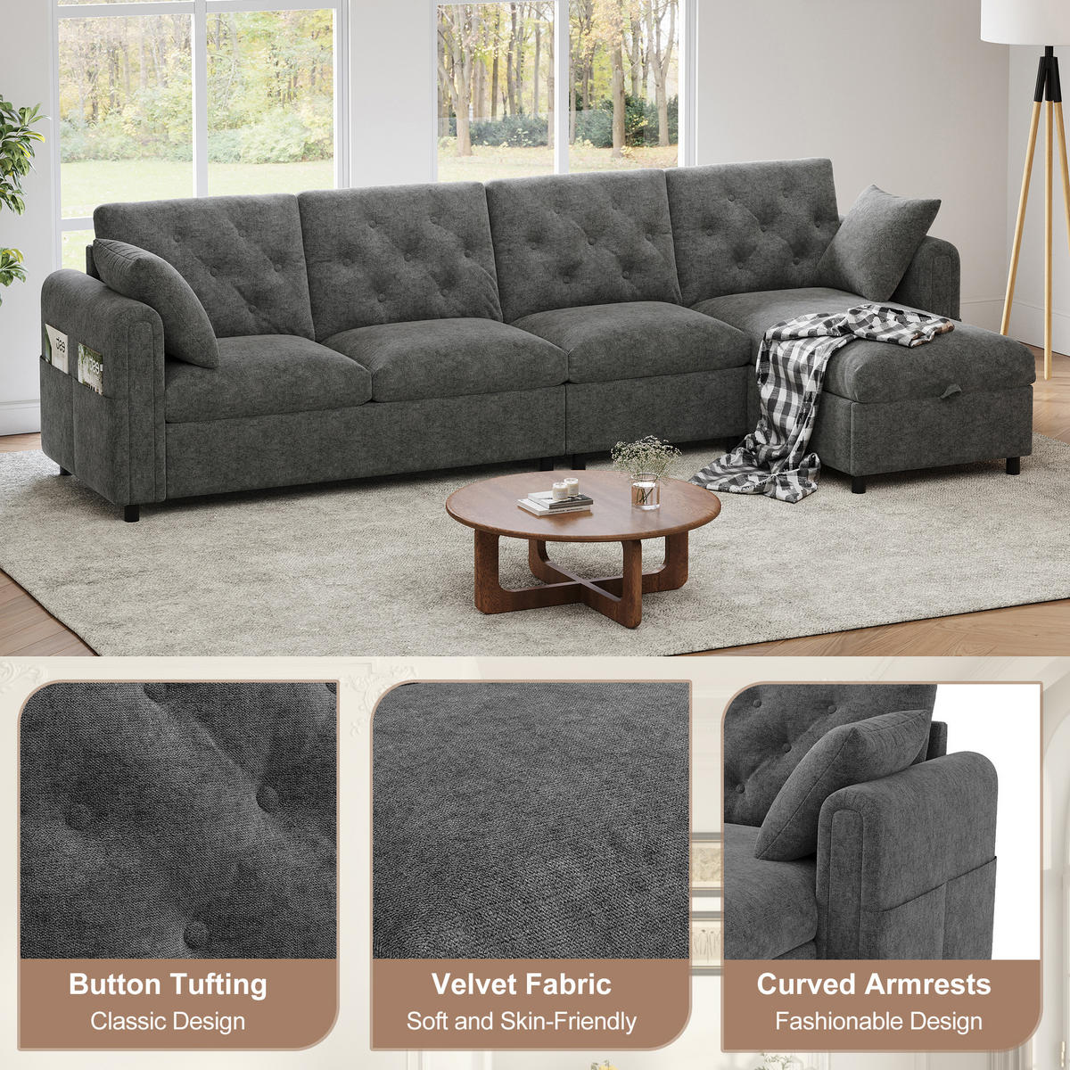 SOFA Grau L-Form Samt Stauraum Armlehne 281cm Knopfheftung - Grau, Textil (132/86/281cm) - FLIEKS