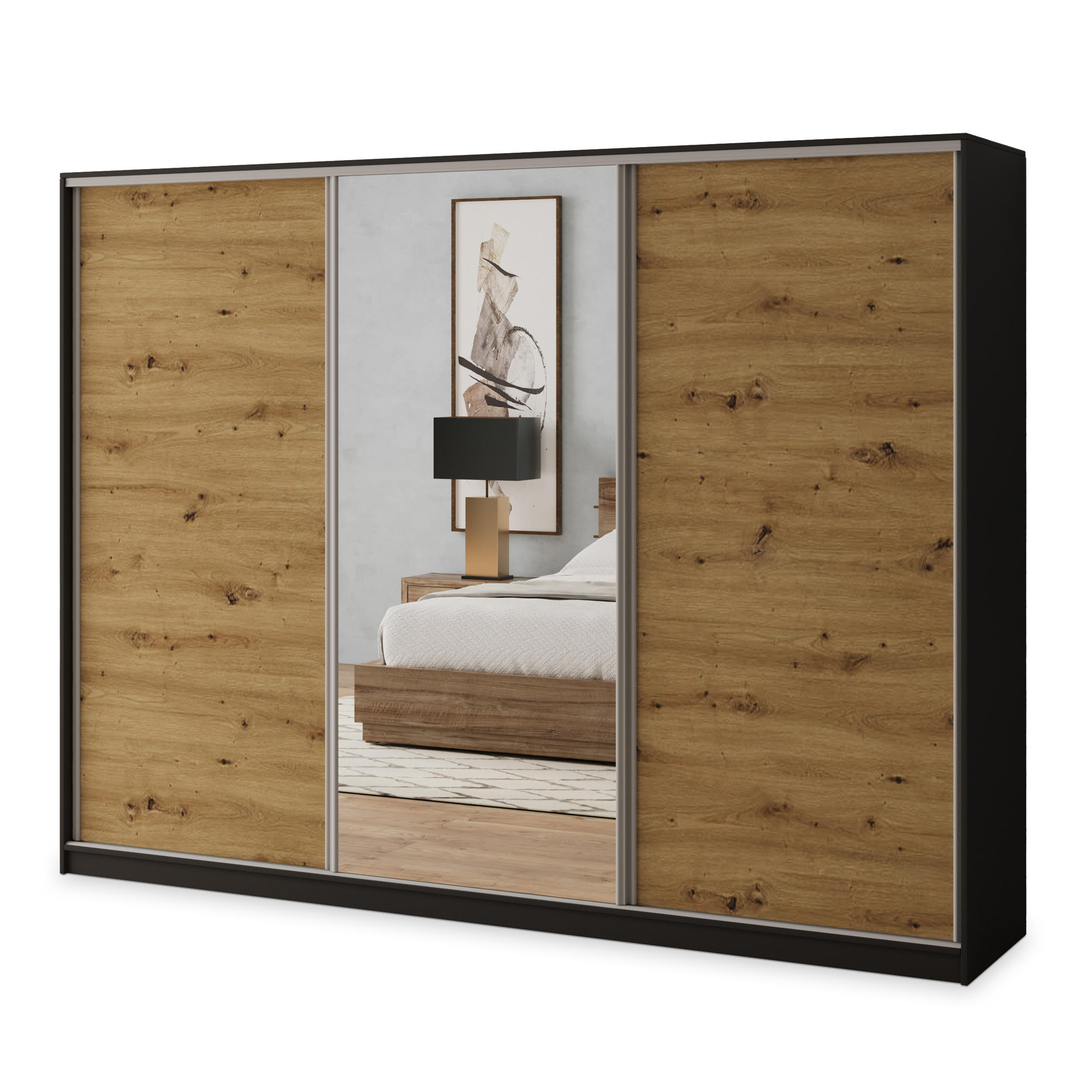 Masseno Schwebetürenschrank Schwarz, Silber, Eiche Artisan 235x205x58 cm
