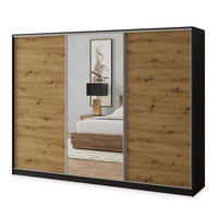 SCHWEBETÜRENSCHRANK SORE 250/205/58 cm 3-türig mit Spiegel und Schubladen Schwarz / Eiche Artisan - Silberfarben/Schwarz, Holzwerkstoff (250/205/58cm) - MASSENO