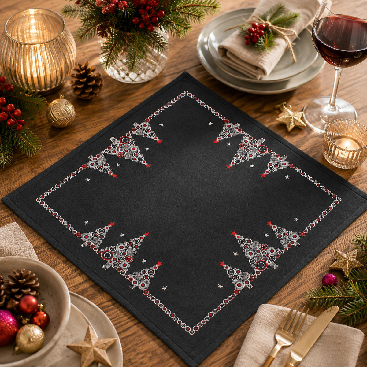 TISCHDECKE 85/85 cm Tannenbaum Anthrazit Weihnachten - Anthrazit, Textil (85/85cm) - TiborTex