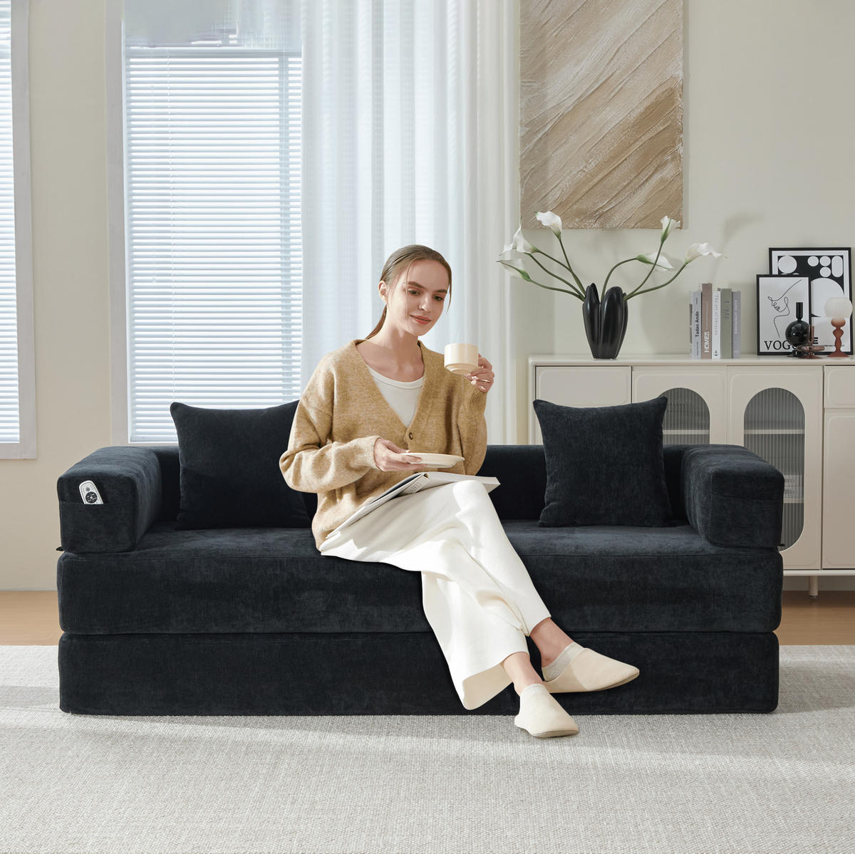 SOFA modular 198 x 79 cm Chenille Black - Schwarz, Kunststoff (31.1/23.62/77.95cm) - Meubliv
