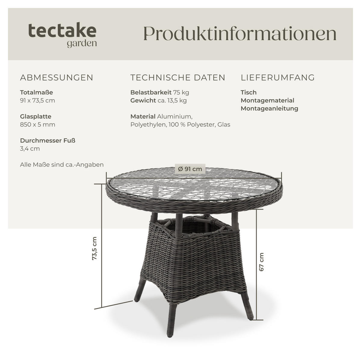 ALUMINIUM GARTENTISCH , 91 x 73,5 cm, grau - Grau, Kunststoff (91/91/73.5cm) - tectake