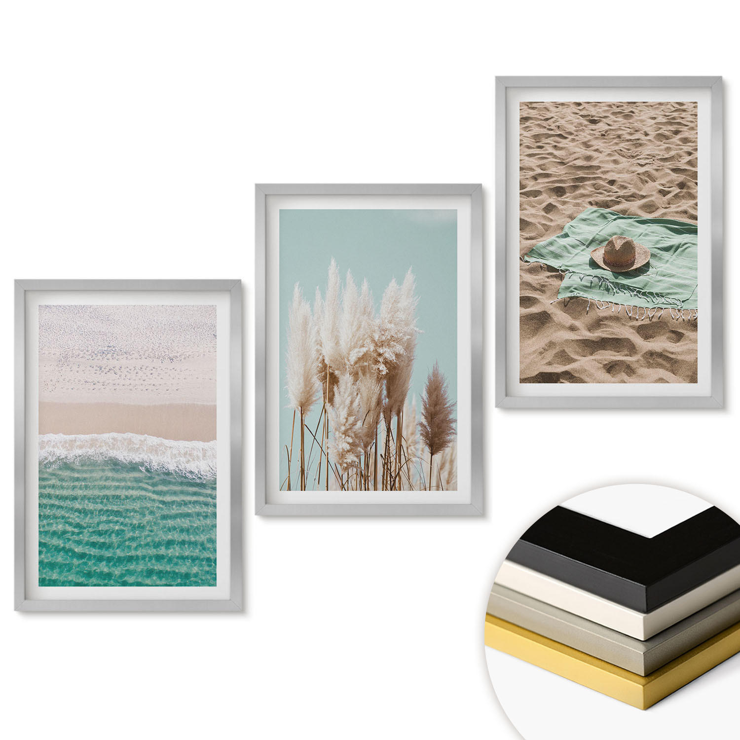 WANDBILDER 3er Set - 40x60 cm Silberner Rahmen - Strandwellen Grashut - Silberfarben, Kunststoff (40/60cm) - ArtPrintCave