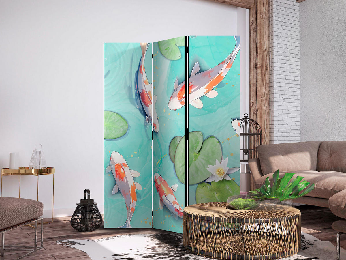 PARAVENT Einseitig Bedruckter 3-tlg 135x172 cm Kois und Blumen - Multicolor, Holz/Textil (135/172/3cm) - Muralo