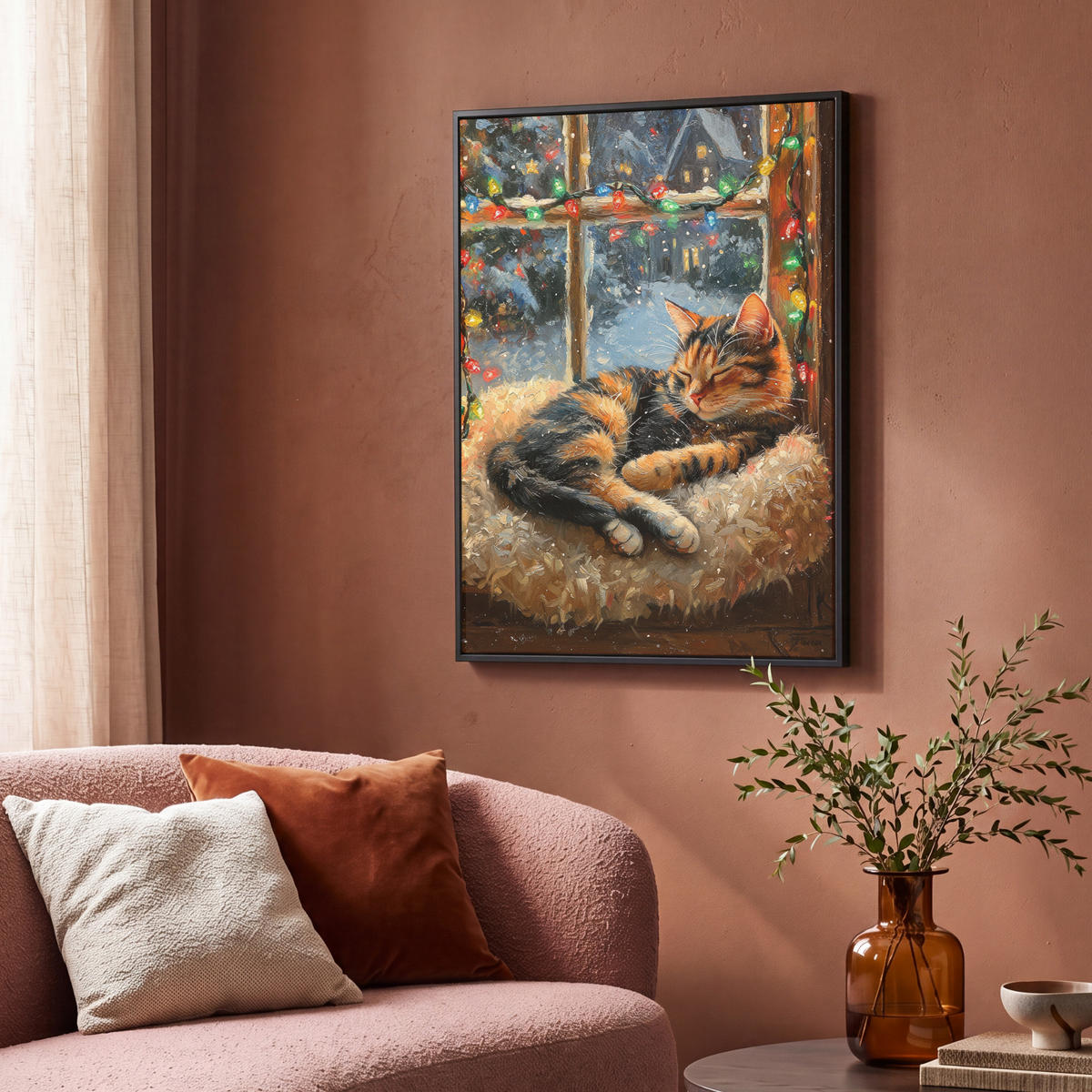 LEINWAND Bilder mit Rahmen - Katze - Weihnachten - Winter - Tier - 70x100 - Bernsteinfarben, Textil (70/100cm) - MuchoWow
