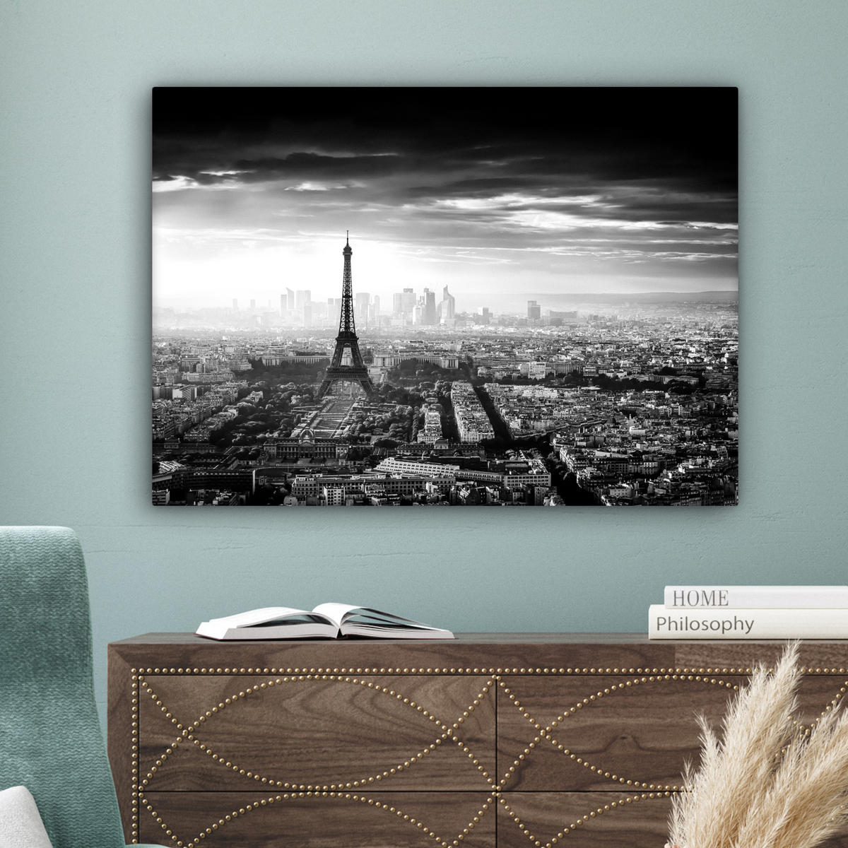 LEINWANDBILD Paris - Skyline - Eiffelturm - Stadt - Wolken Wandbilder 80x60 cm - Dunkelgrau, Textil (80/60cm) - MuchoWow