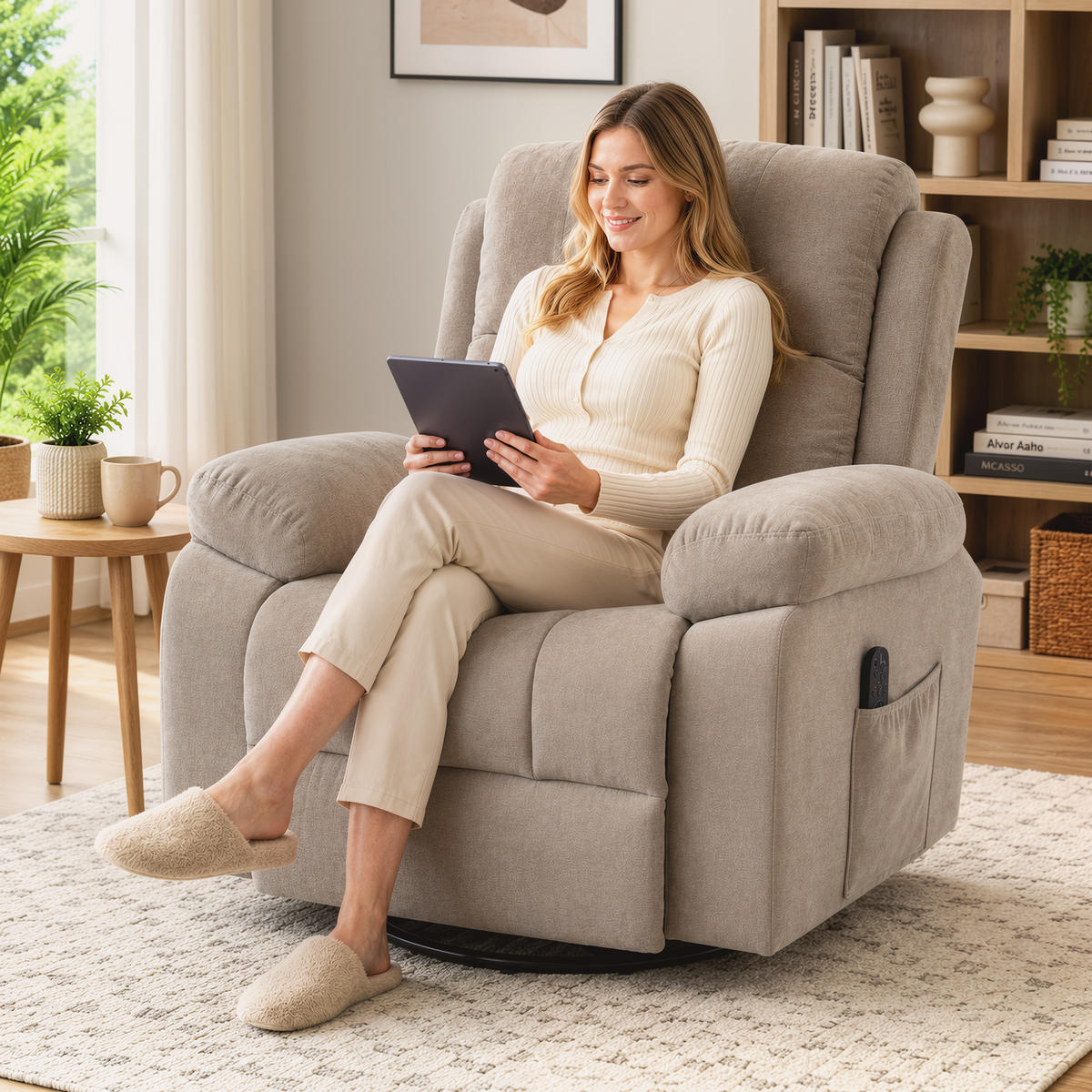 RELAXSESSEL Chenille Beige - Beige/Schwarz, Holzwerkstoff/Textil (97/104/97cm) - HOMCOM