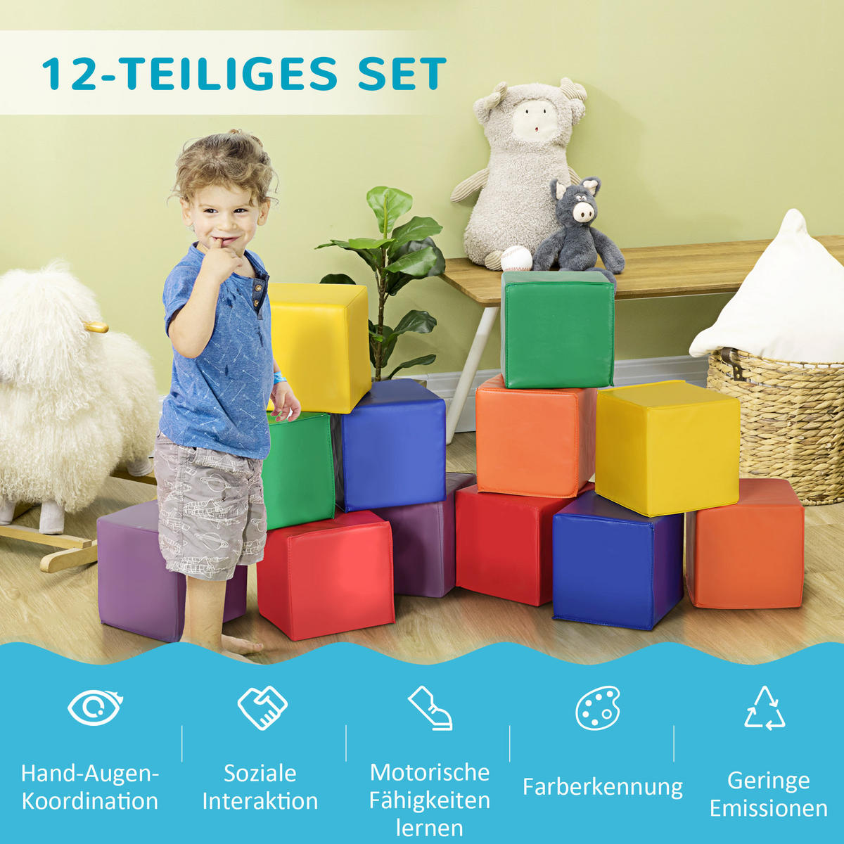 BAUSTEINSET 12er-Set Schaumstoff Bauspielzeug für 1-3 Jahre alt Kinder EPE - Multicolor, Kunststoff (20/20/20cm) - HOMCOM