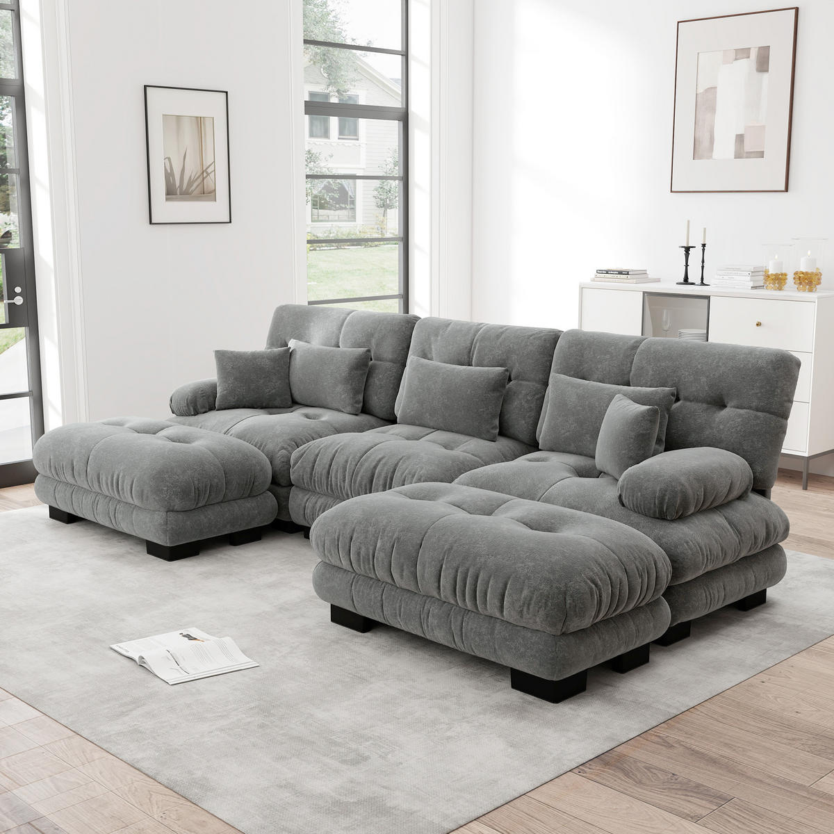 WOHNLANDSCHAFT Chenille Grau mit Ottomanen - Grau, Textil (313/81/145cm) - WISHDOR