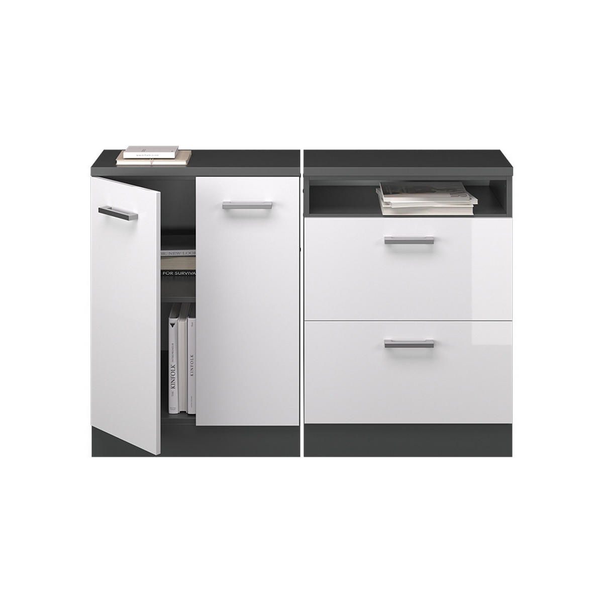 KUHINJSKI ORMAR ZA KOSINE KROVA R-Line Sjajna Bijela 120 cm Set od 2 korpusa ormara, dubina 60 cm - bijela visoki sjaj/antracit, drvni materijal (120/83.8/60cm) - Vicco