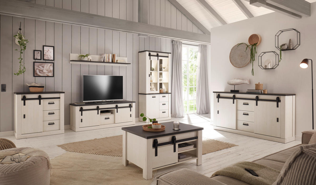 BUFFETSCHRANK weiß Pinie, anthrazit, Landhaus, Vitrinenschrank 133 x 201 cm - Anthrazit/Weiß, Holzwerkstoff/Metall (133/201/37cm) - Furn.Design