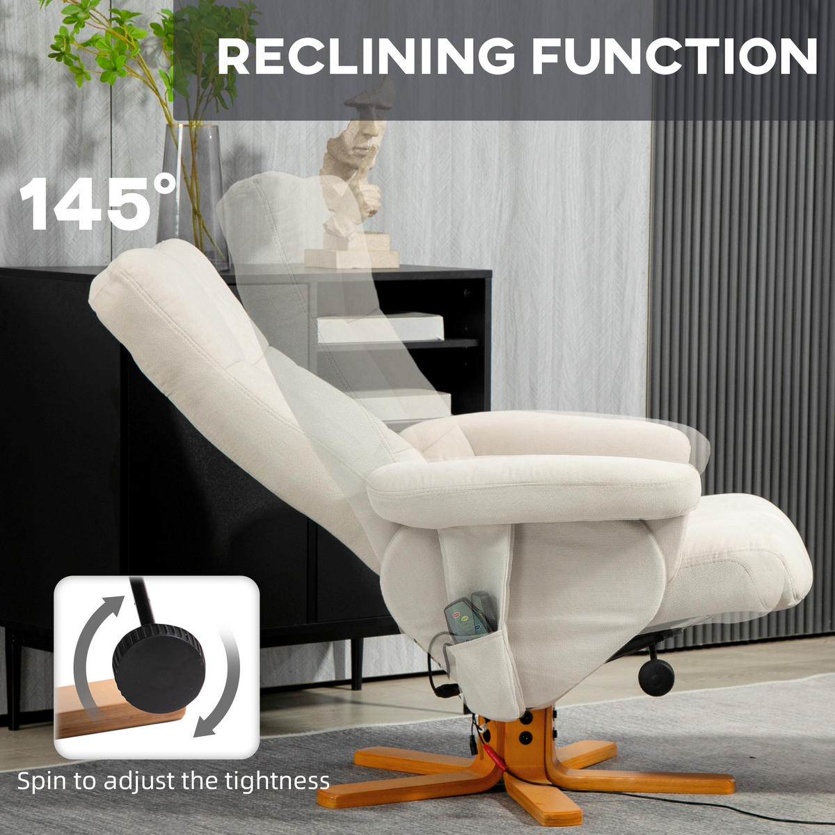 RELAXSESSEL Massagesessel mit Hocker Fernsehsessel mit Liegefunktion Cremeweiß - Creme/Braun, Holz/Textil (86/99/80cm) - HOMCOM