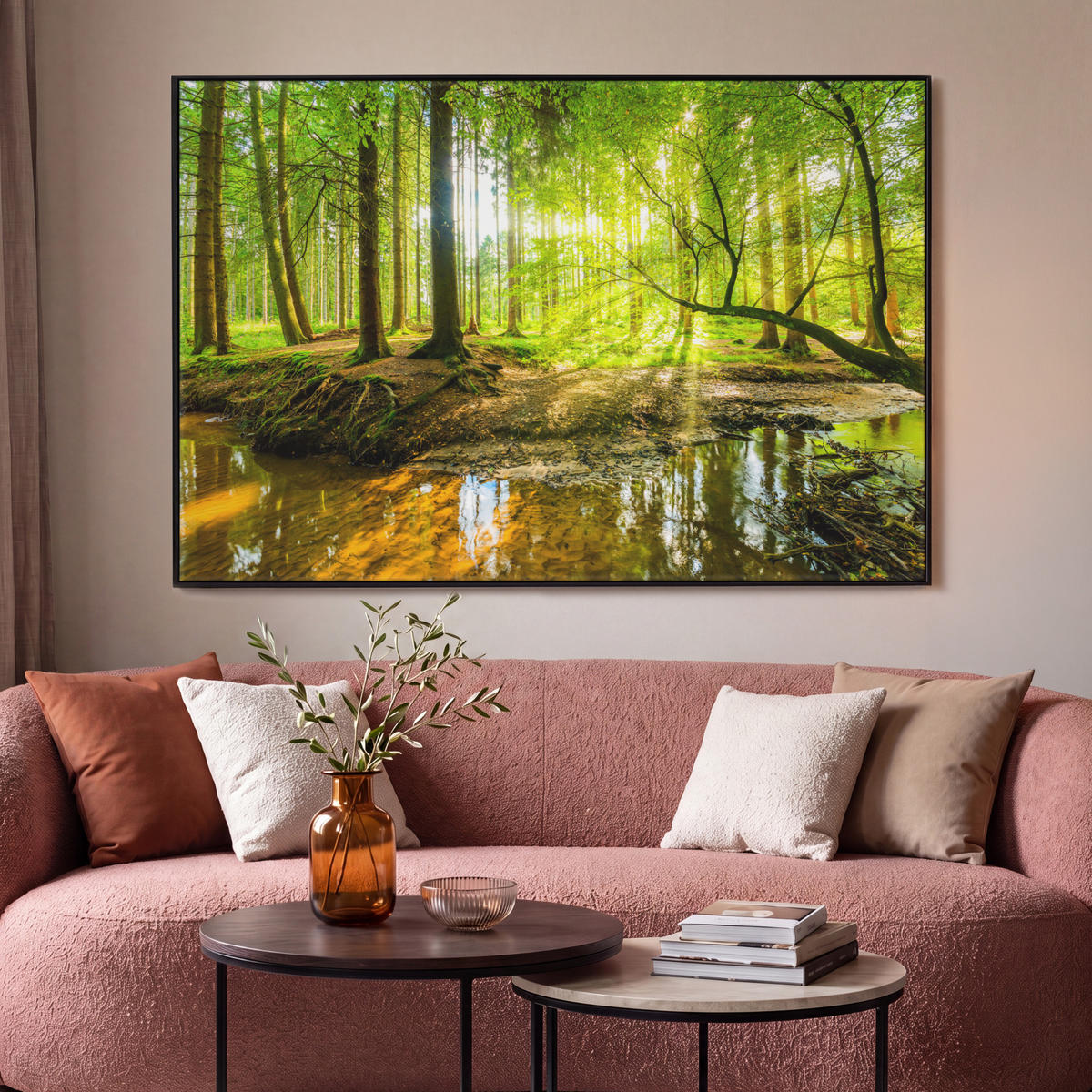 LEINWAND Bilder mit Rahmen - Wald - Landschaft - Wasser - Bäume - Sonne - Grün - Natur - 120x80 - Grün, Textil (120/80cm) - MuchoWow