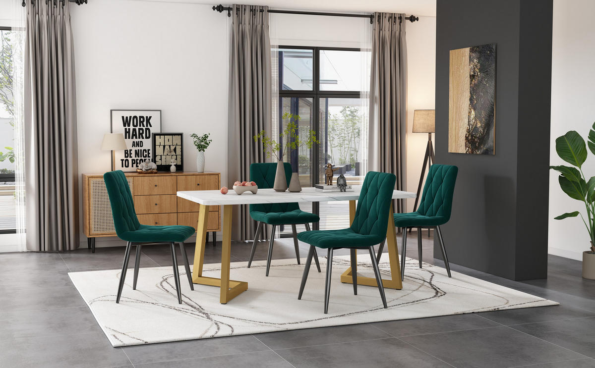 ESSGRUPPE 5-teilig mit Marmoroptik-Tisch 117×68 und vier grünen Leinenstühlen für Küche und Wohnzimmer, weiß-grün - Grün, Holzwerkstoff (68/75/117cm) - Luhomfu
