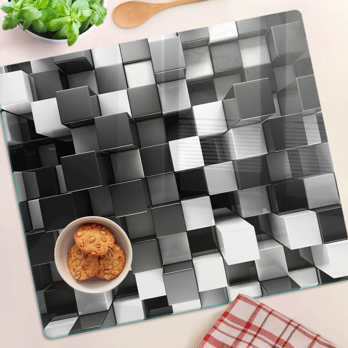 GLASPLATTE 60x52 cm Würfelabstraktion - Silberfarben, Glas (60/0.4/52cm) - TULUP
